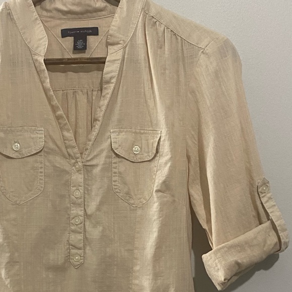 Tommy Hilfiger Neutral Gauzy Tunic Top Convertible Roll Tab Sleeves Womens Small - Picture 4 of 8